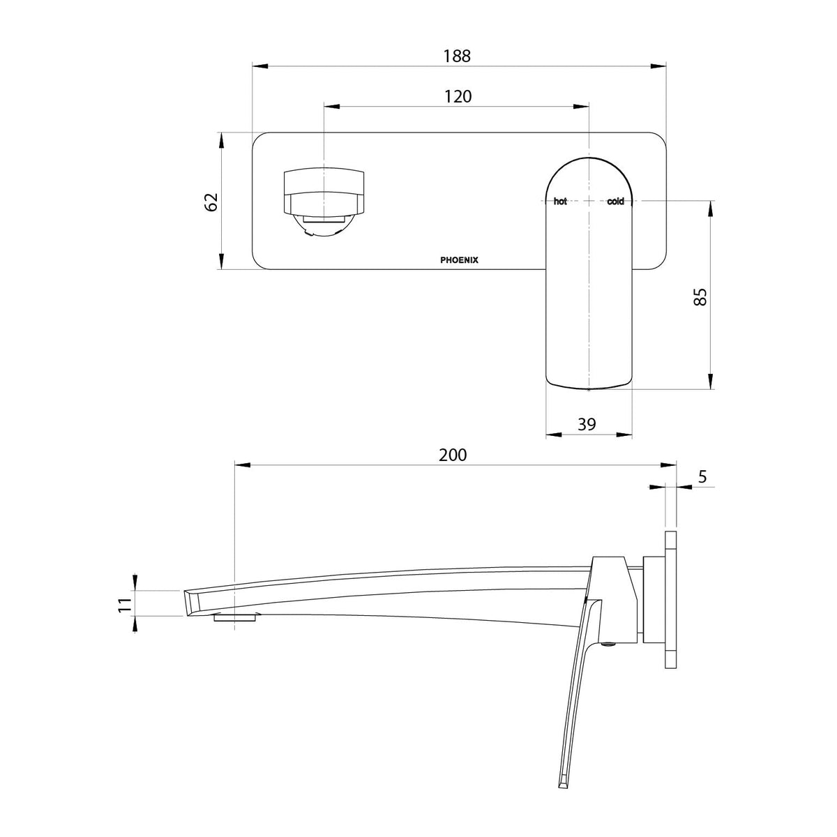 Phoenix Mekko SwitchMix Wall Basin / Bath Mixer Set 200mm Fit-Off Kit