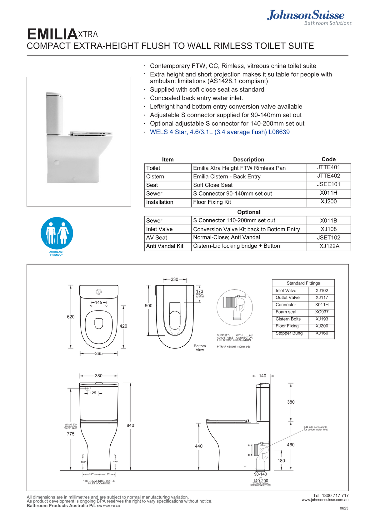 Johnson Suisse Emilia Xtra Rimless Standard Connector with Soft Close Seat.