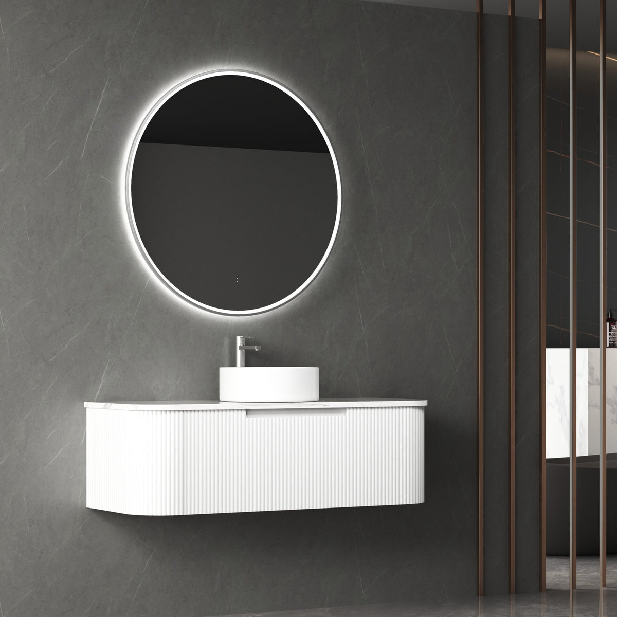 Aulic Petra Mark II Wall Hung Curving V Groove Matte White Finger Pull Cabinet