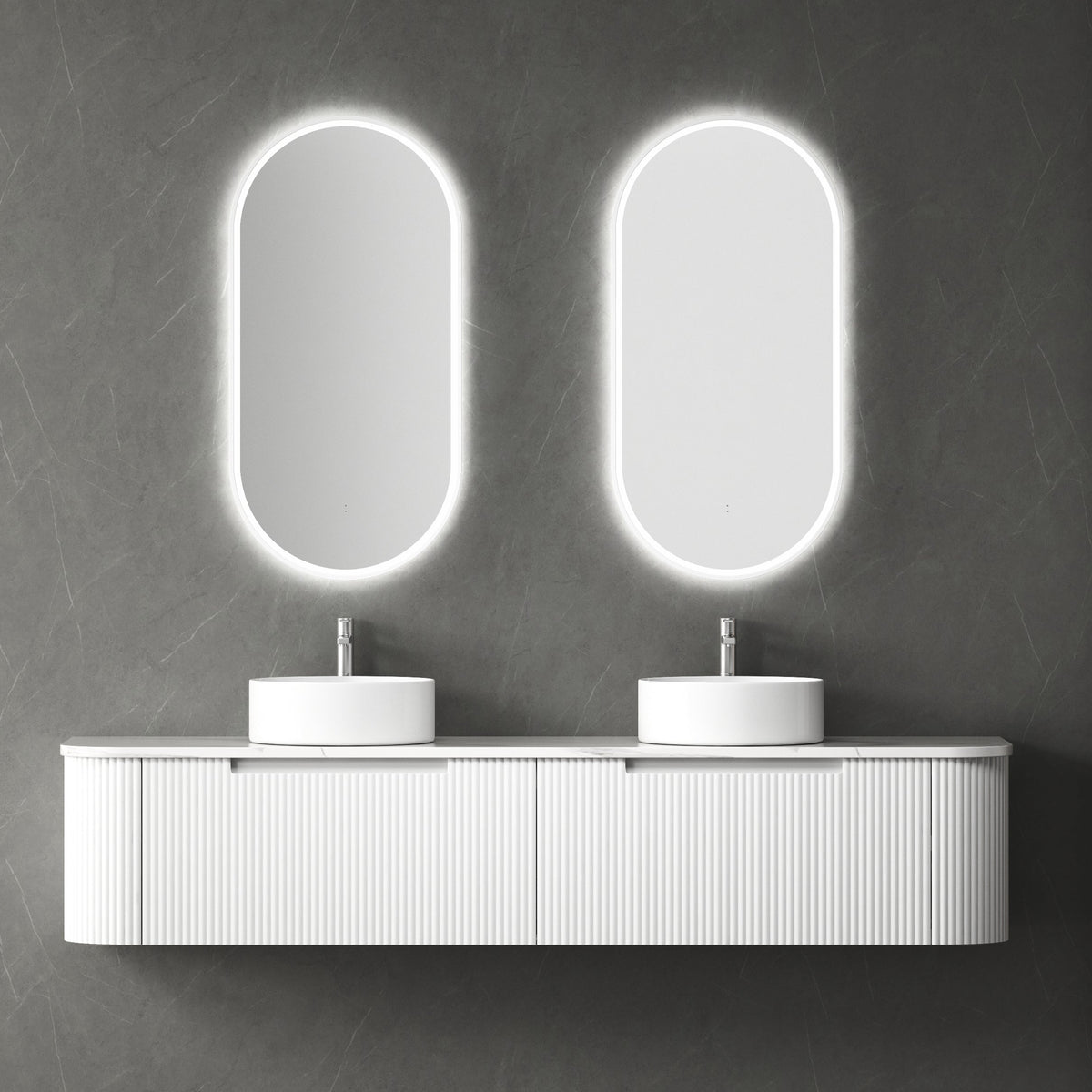 Aulic Petra Mark II Wall Hung Curving V Groove Matte White Finger Pull Cabinet