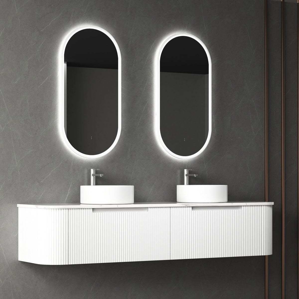 Aulic Petra Mark II Wall Hung Curving V Groove Matte White Finger Pull Cabinet