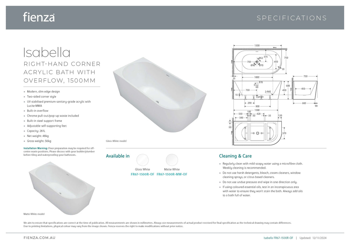 Isabella Right-Hand Acrylic Corner Bath with Overflow, Gloss White, 1500mm