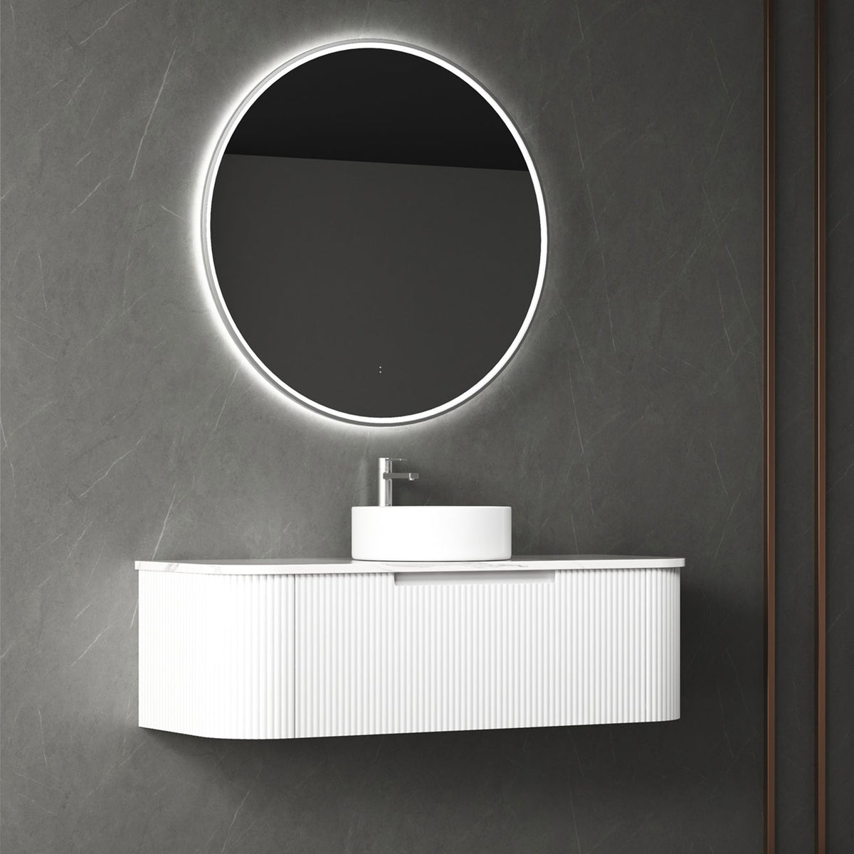 Aulic Petra Mark II Wall Hung Curving V Groove Matte White Finger Pull Cabinet