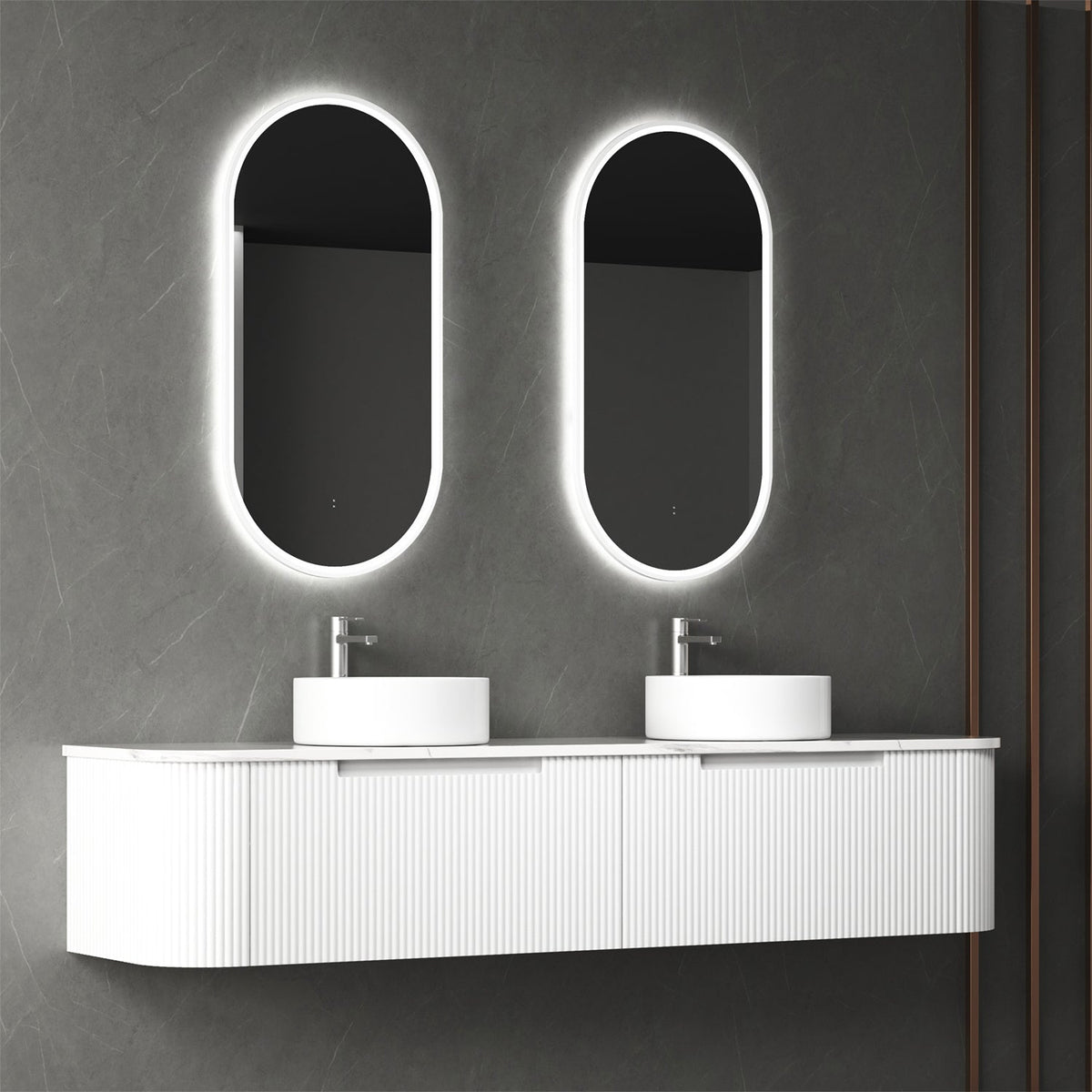 Aulic Petra Mark II Wall Hung Curving V Groove Matte White Finger Pull Cabinet
