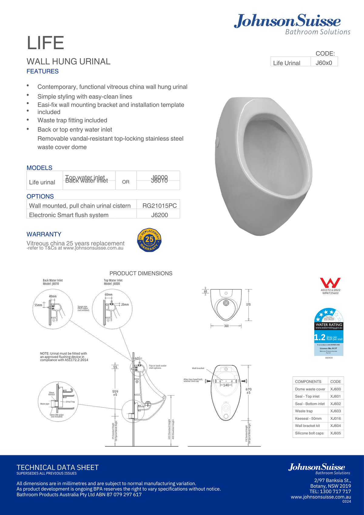 Johnson Suisse Life Urinal Top Entry