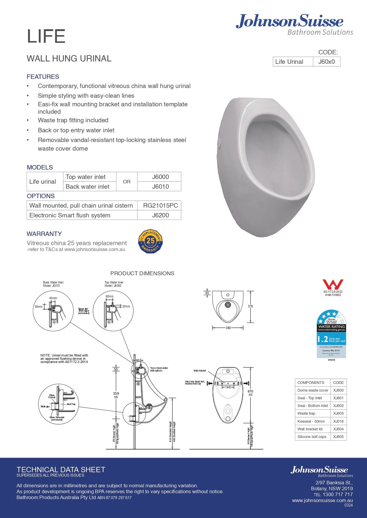 Johnson Suisse Life Back Entry Electronic Urinal Complete Suite