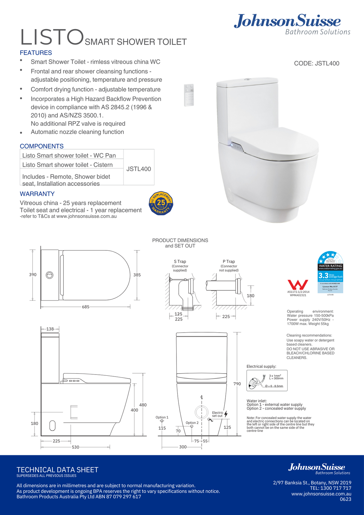 Johnson Suisse Listo Smart Toilet Rimless Suite