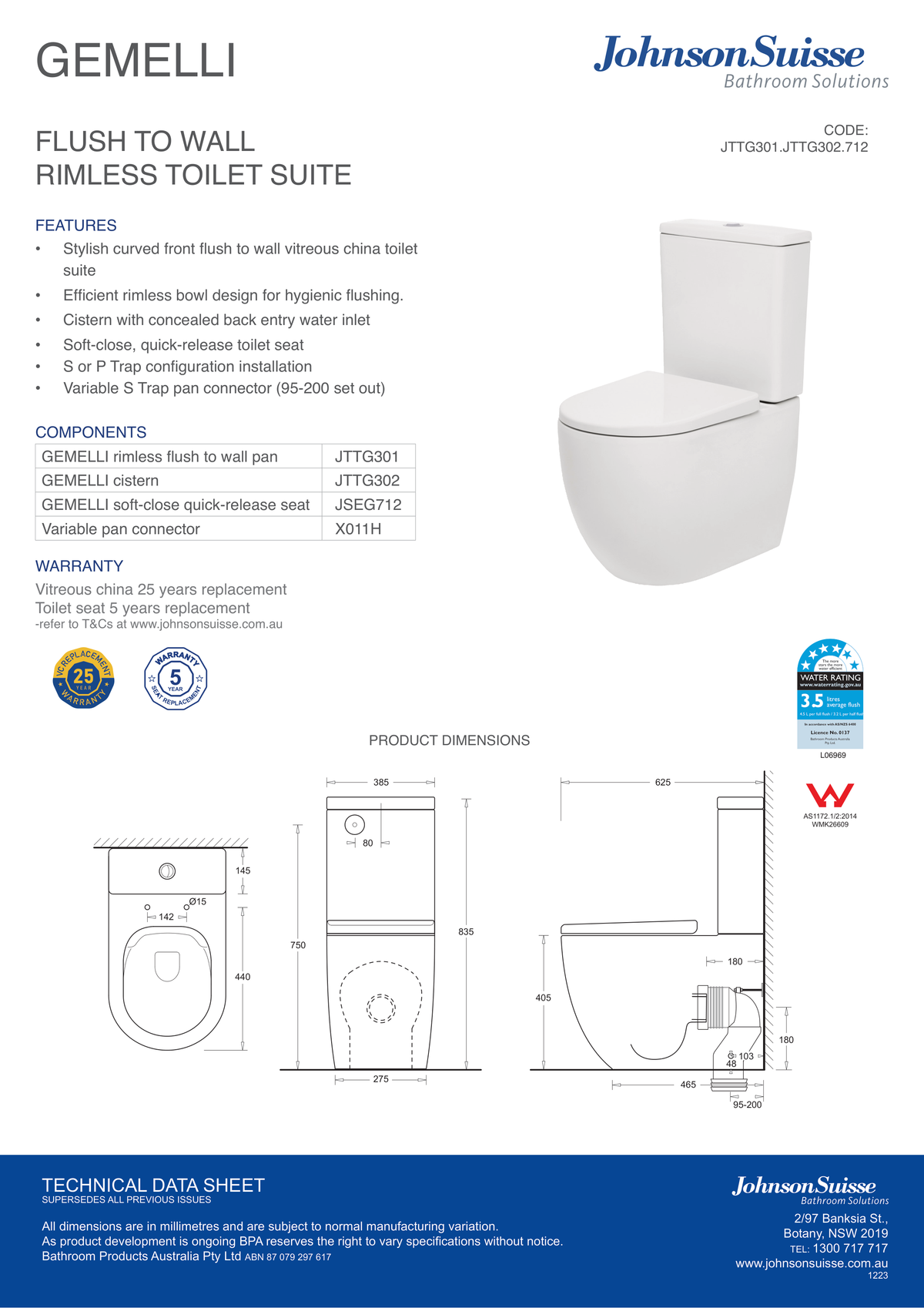 Johnson Suisse Gemelli Back To Wall Closed Coupled Rimless Toilet Suite With Seat