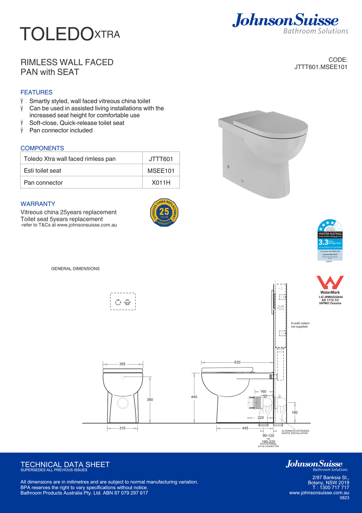 Johnson Suisse Toledo Wall Faced Rimless Pan With Esti Seat