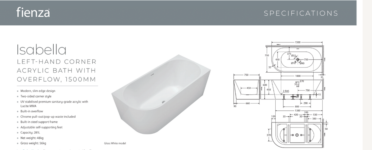 Isabella Left-Hand Acrylic Corner Bath with Overflow, Gloss White, 1500mm